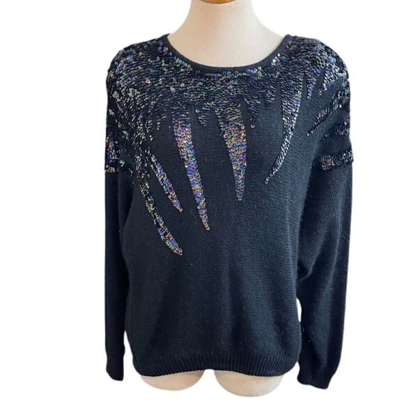 De Rotchild VTG Black Silk Nylon Angora Lambswool Sequin Sweater Size Large - Picture 1 of 8